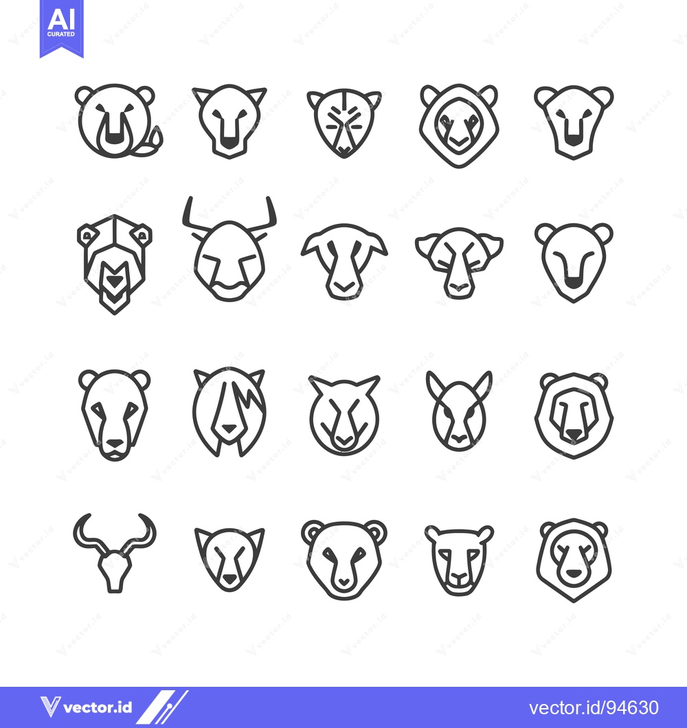 Premium Vector dari Set of 20 Line Icons of Animal Heads