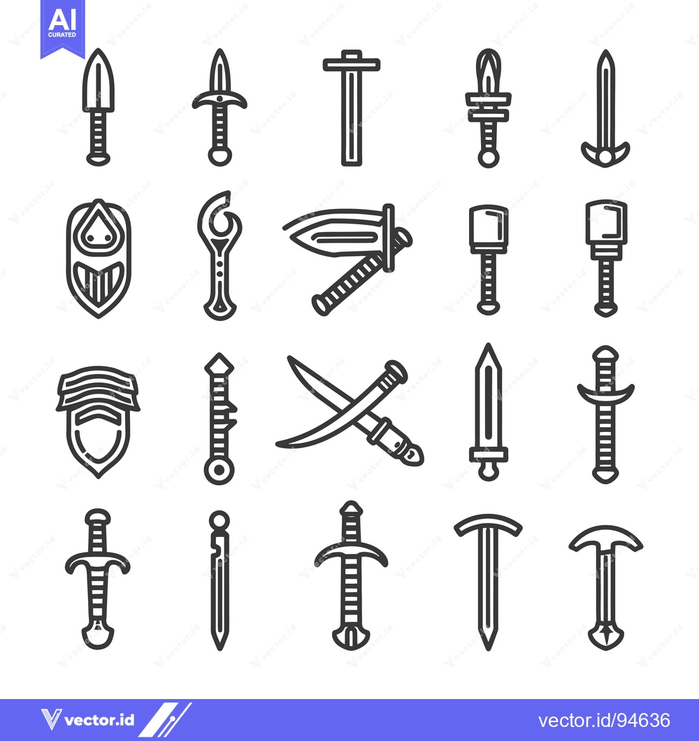 Premium Vector of Set of 20 Line Icons of Swords, Daggers, and Axes