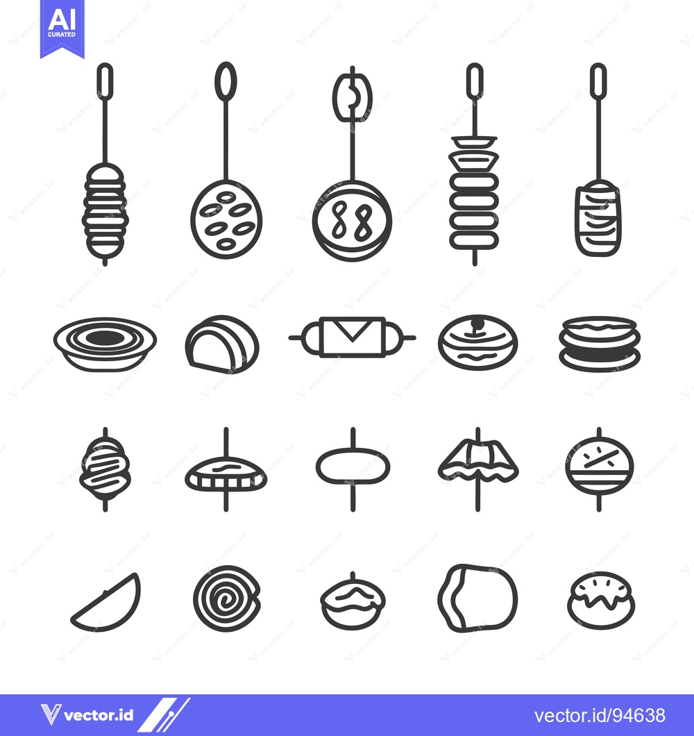 Premium Vector dari Set of 20 Line Icons of Various Food on Skewers and in Dishes