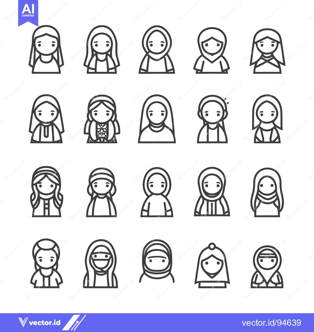 Premium Vector dari Set of 20 Line Icons of Women Wearing Hijab or Headscarves