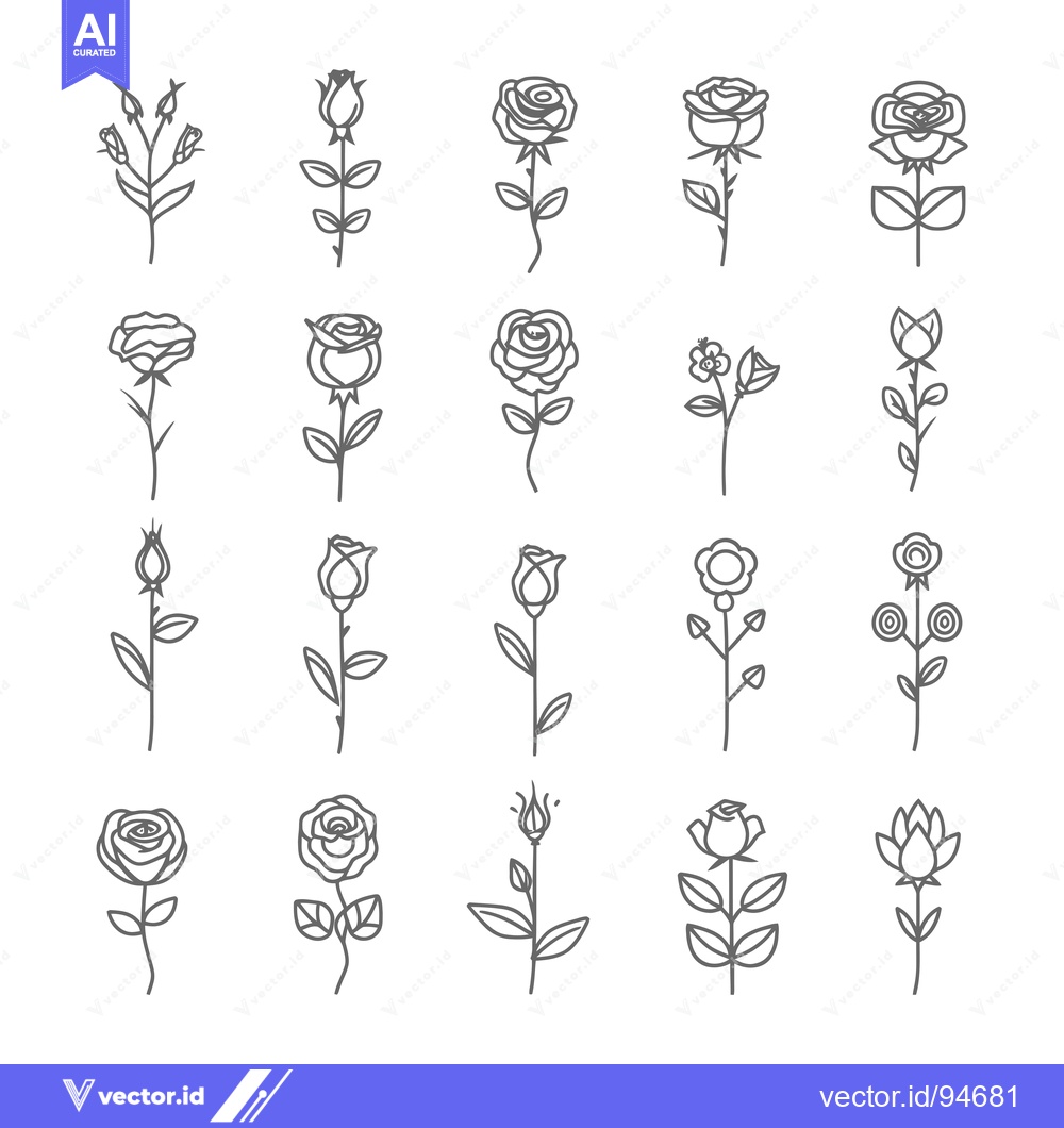 Premium Vector dari Set of 20 Outline Rose Flower Illustrations