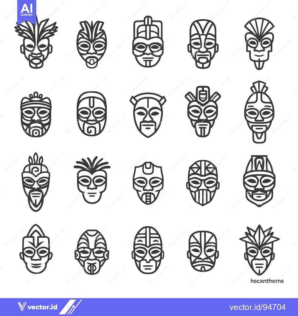 Premium Vector dari Set of 20 Traditional Tribal Masks in Line Art Style