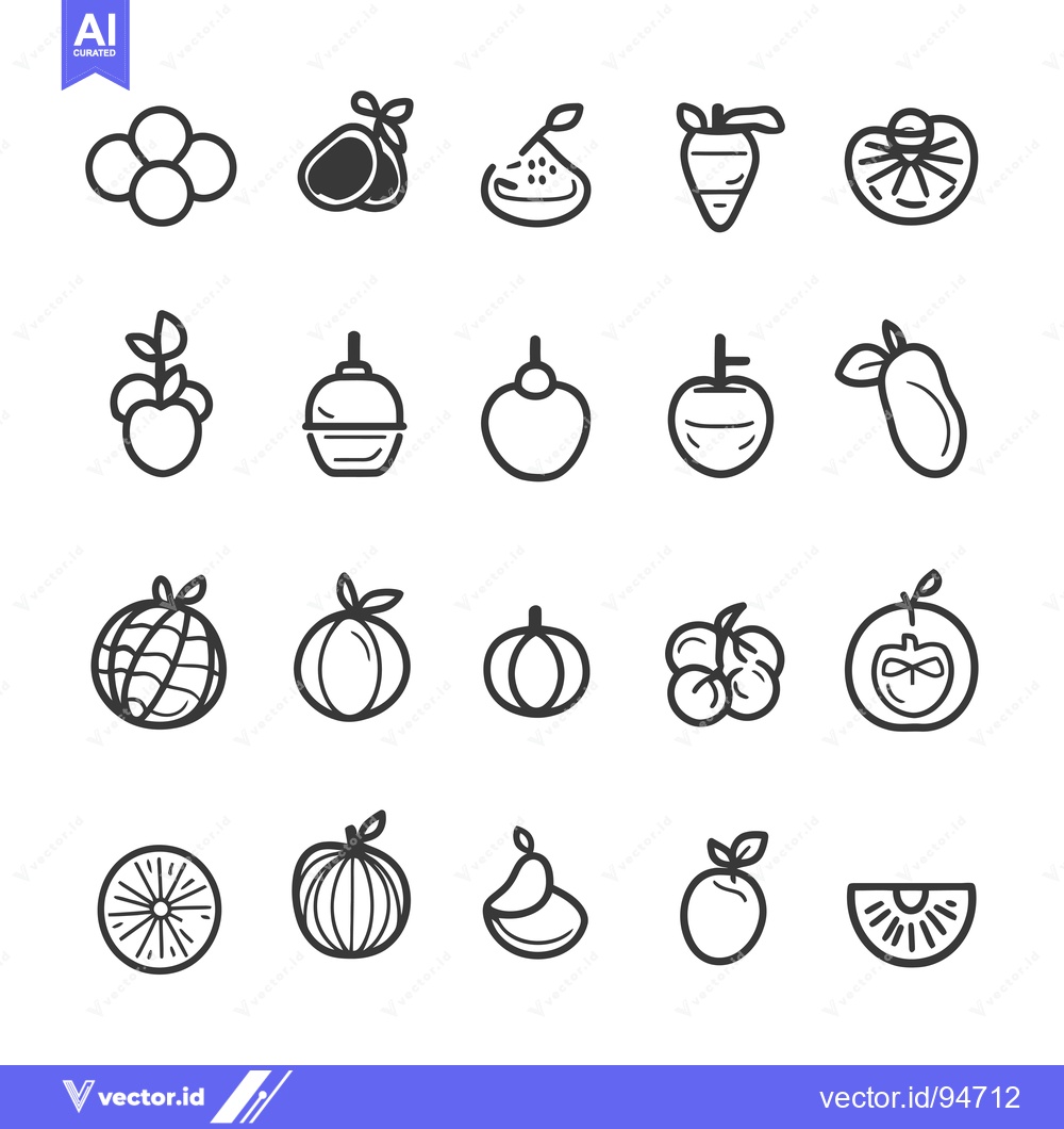 Premium Vector dari Set of 24 Hand-Drawn Fruit Icons in Black and White Outline Style