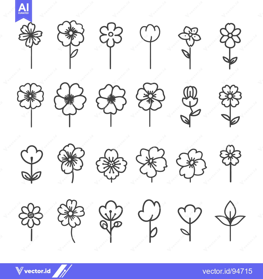 Premium Vector dari Set of 24 Line Art Flower Icons