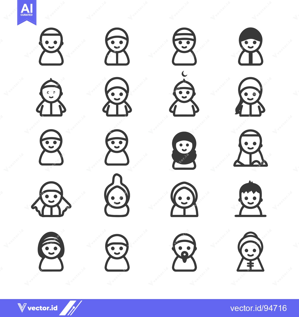 Premium Vector of Set of 24 Line Icons Depicting People Wearing Traditional Islamic Head