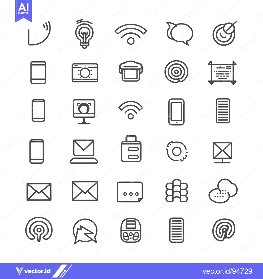 Premium Vector of Set of 25 Black and White Line Icons for Technology and Communication