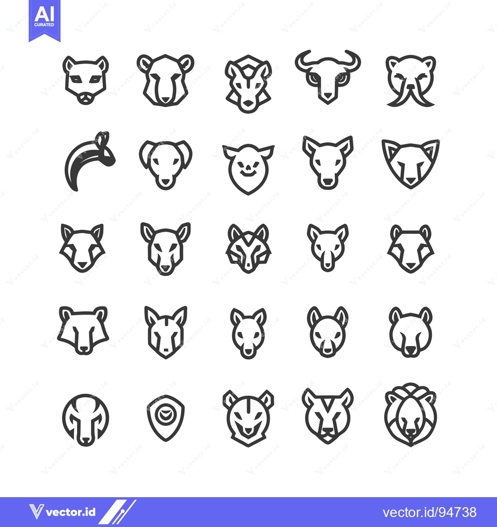 Premium Vector dari Set of 25 Different Animal Head Icons in Line Art Style