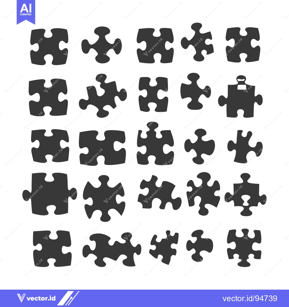 Premium Vector dari Set of 25 Different Puzzle Pieces in Black Silhouette