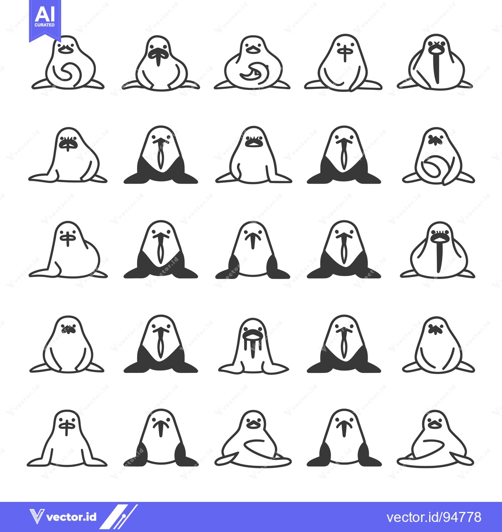 Premium Vector of Set of 25 Simple Walrus Line Icons in Black and White