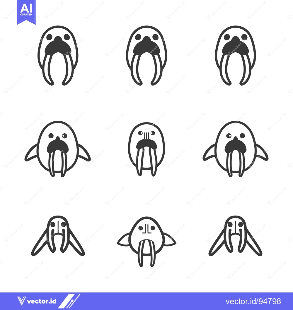 Premium Vector dari Set of 9 Line Drawings of Cartoon Walruses in Various Poses