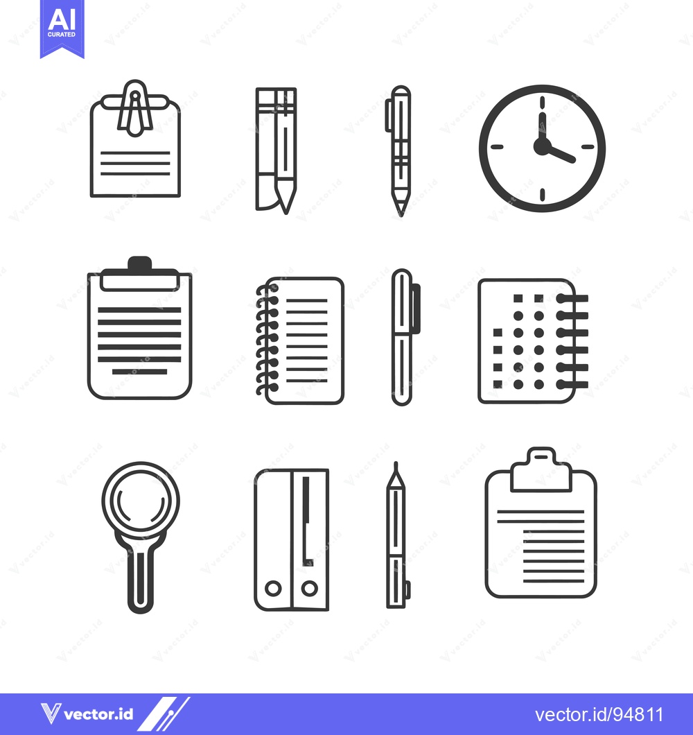 Premium Vector dari Set of 9 Stationery Icons, Including Pens, Clipboards, and Notebooks