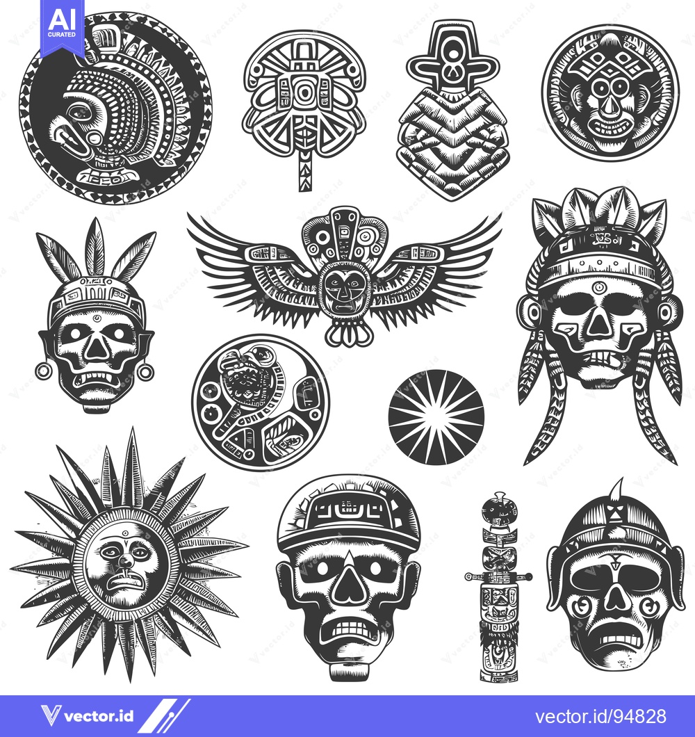 Premium Vector dari Set of Ancient Mayan and Aztec Tribal  Skulls and Symbols