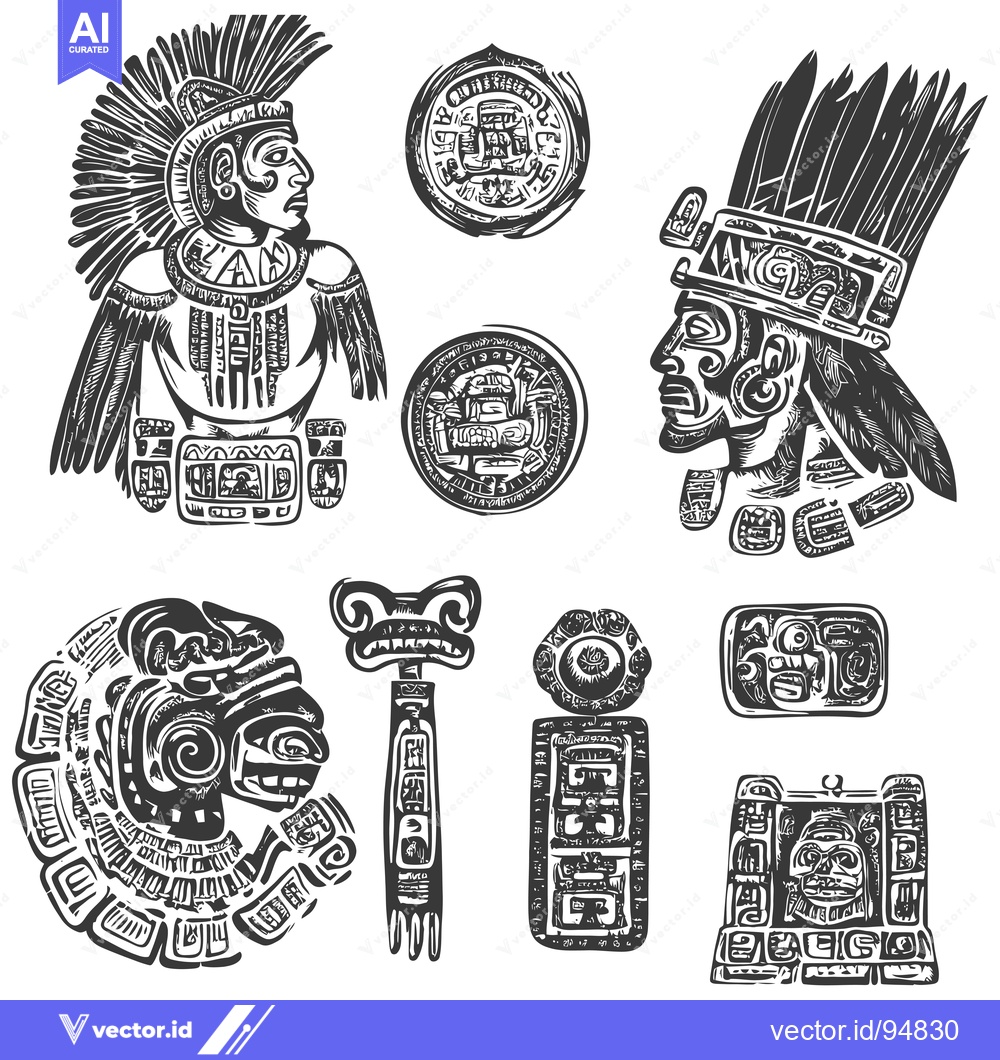 Premium Vector dari Set of Ancient Mayan Glyphs and Figures