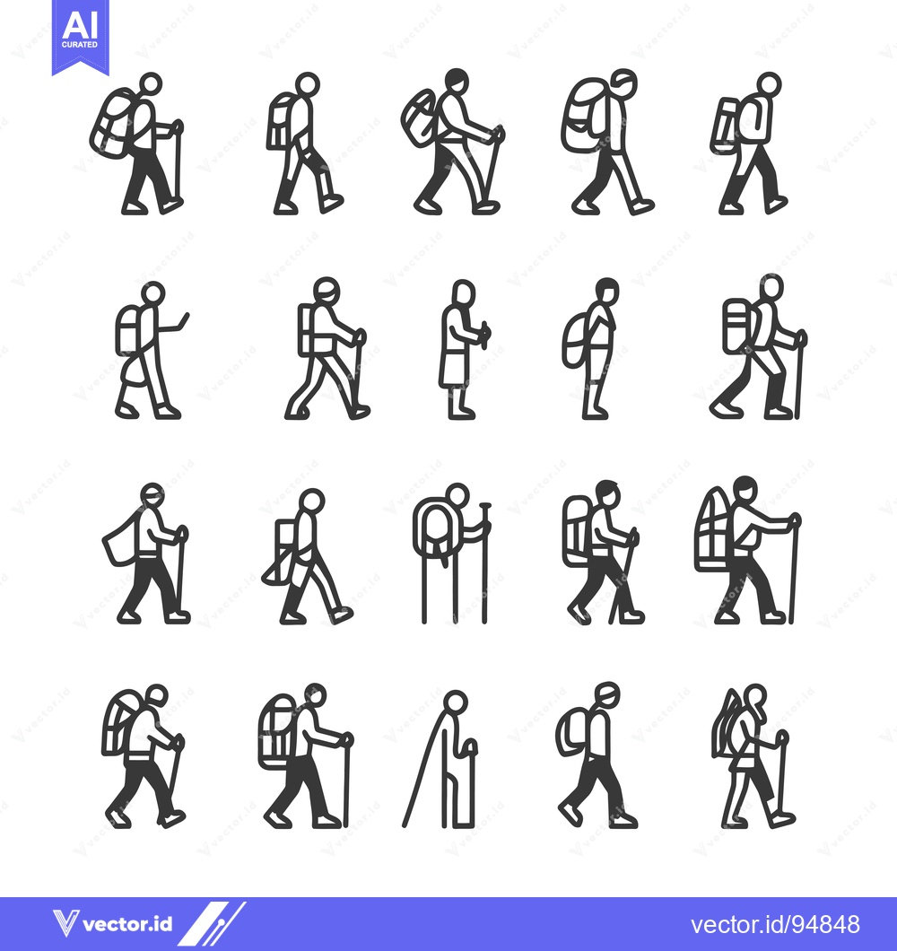 Premium Vector of Set of Backpackers Hiking with Sticks and Backpacks