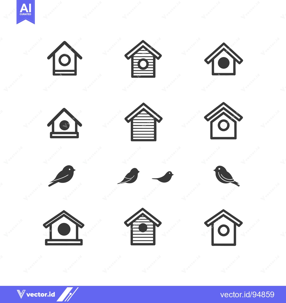 Premium Vector of Set of Birdhouse and Bird Icons in Black and White