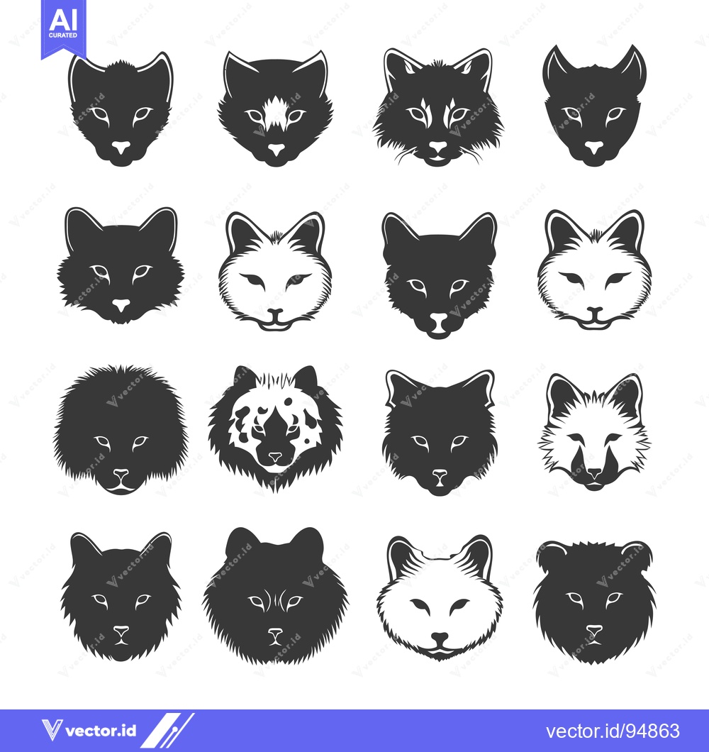 Premium Vector of Set of Black and White Animal Heads with Different Fur Styles