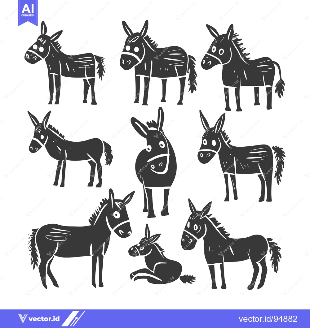 Premium Vector of Set of black and white donkey illustrations in different poses