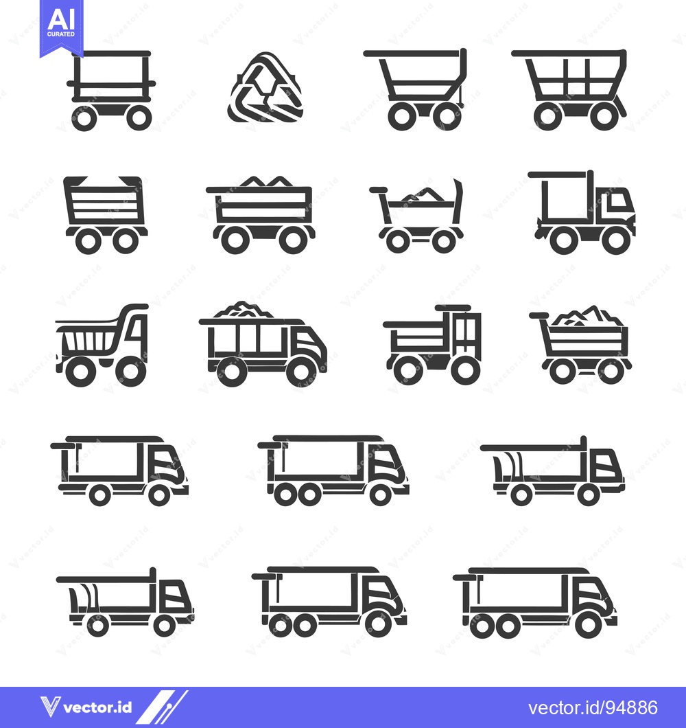 Premium Vector of Set of Black and White Dump Truck Icons
