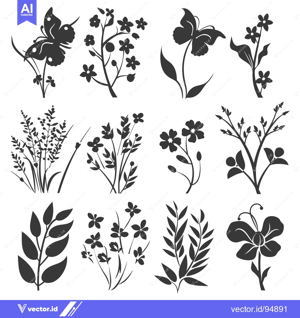 Premium Vector dari Set of Black and White Floral Silhouettes with a Butterfly