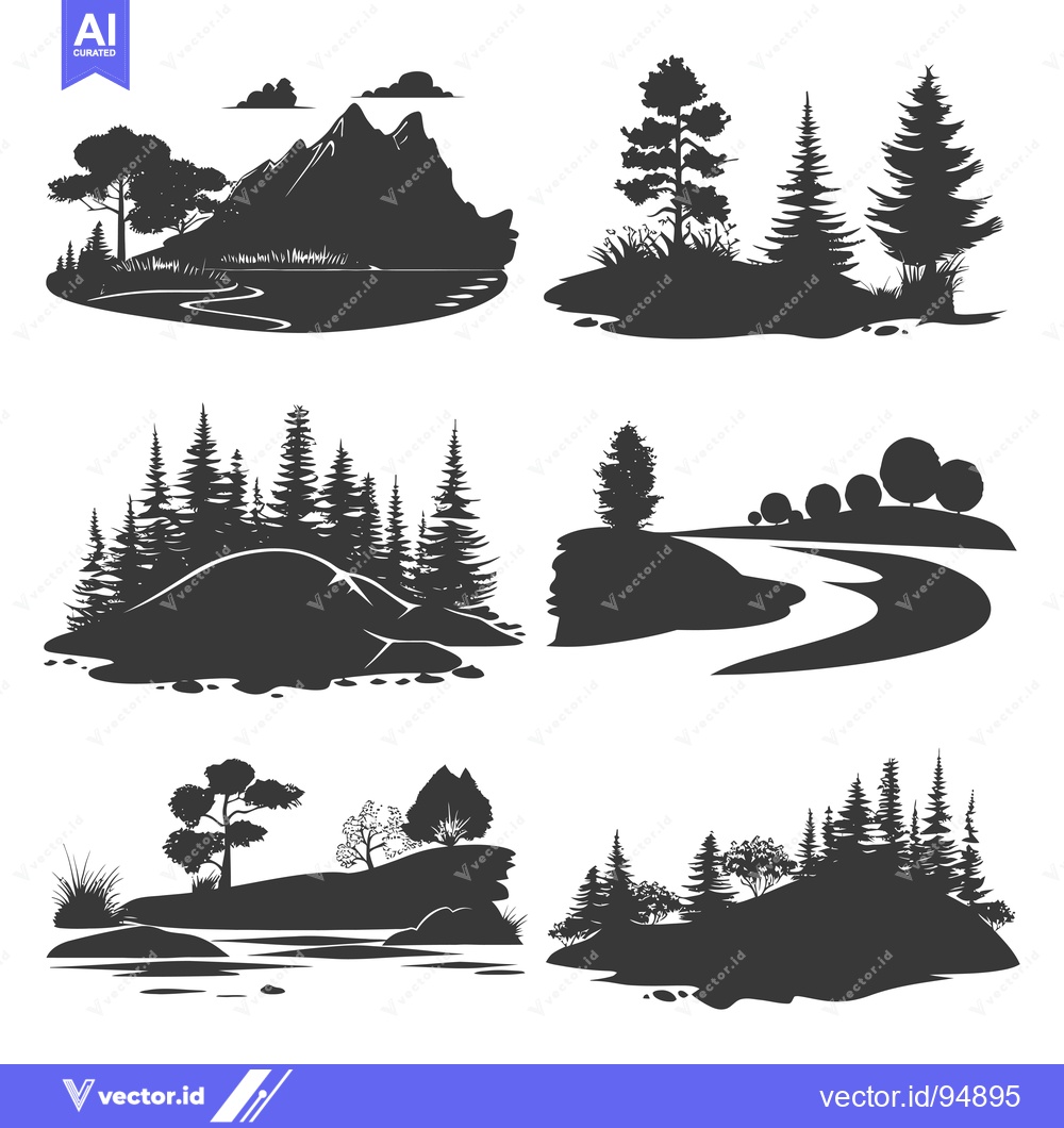 Premium Vector of Set of Black and White Forest Silhouettes with Mountains, Trees, and R