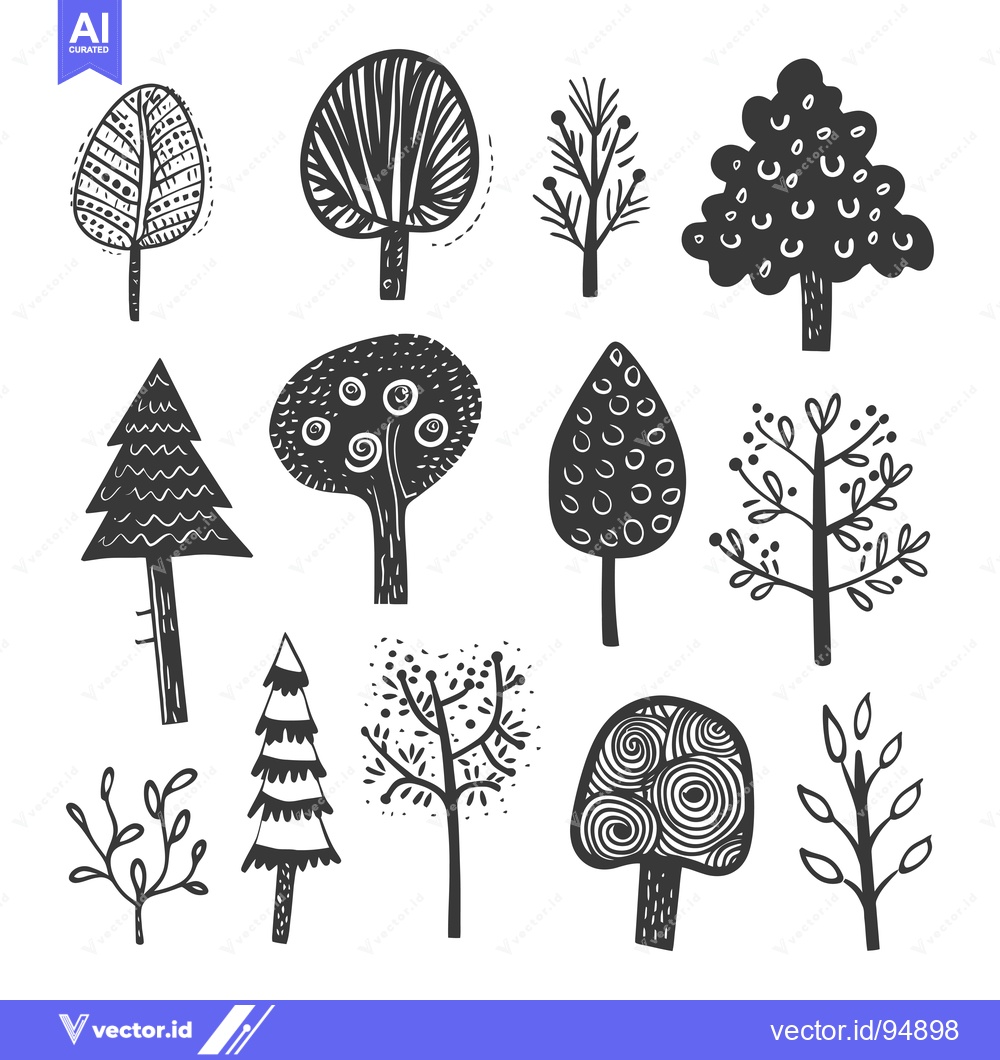 Premium Vector dari Set of Black and White Hand-Drawn Trees and Shrubs