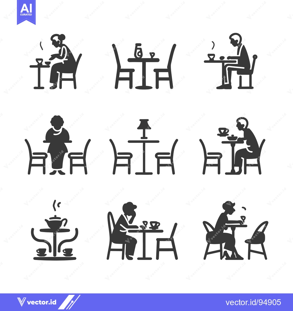 Premium Vector of Set of Black and White Icons of People Drinking Tea or Coffee at a Tab