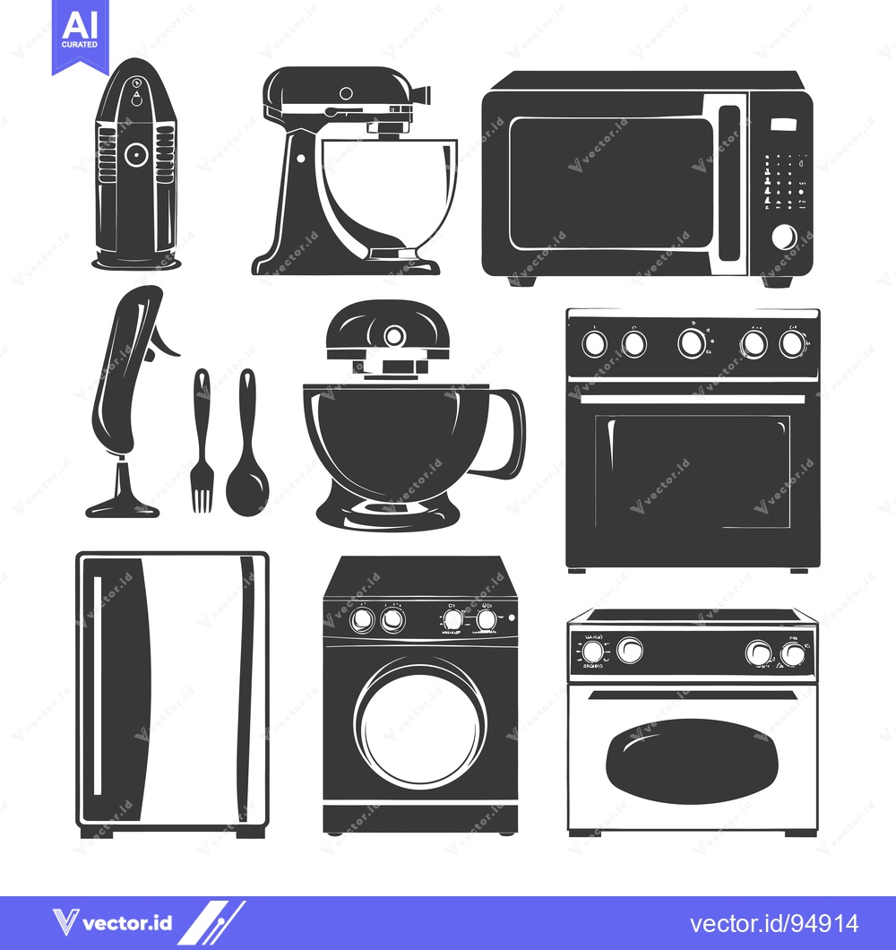 Premium Vector dari Set of Black and White Kitchen Appliances Silhouettes