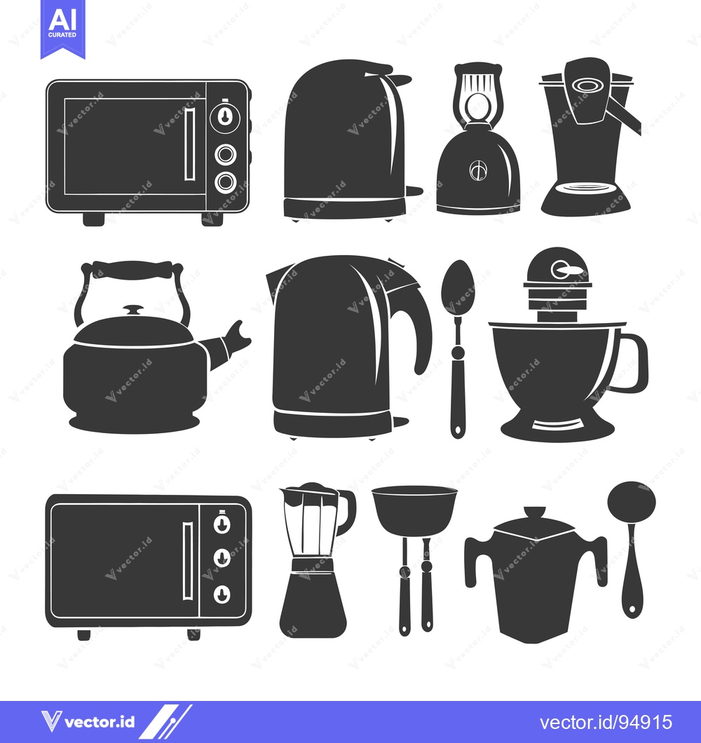 Premium Vector dari Set of Black and White Kitchen Appliances Silhouettes