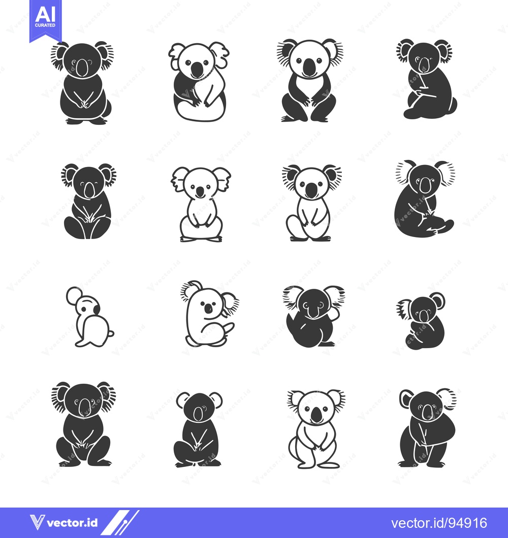 Premium Vector dari Set of Black and White Koala Bear Icons in Different Poses