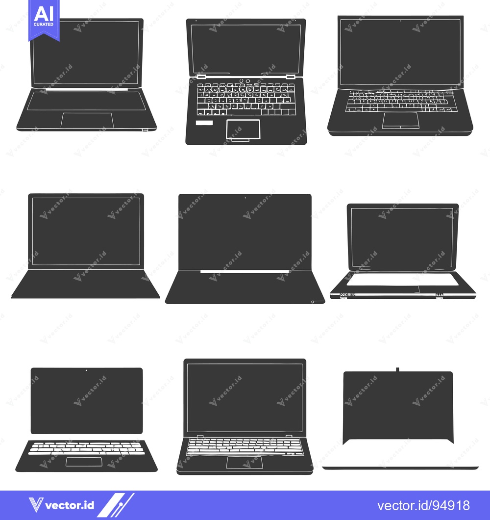 Premium Vector dari Set of Black and White Laptop Silhouettes in Different Positions