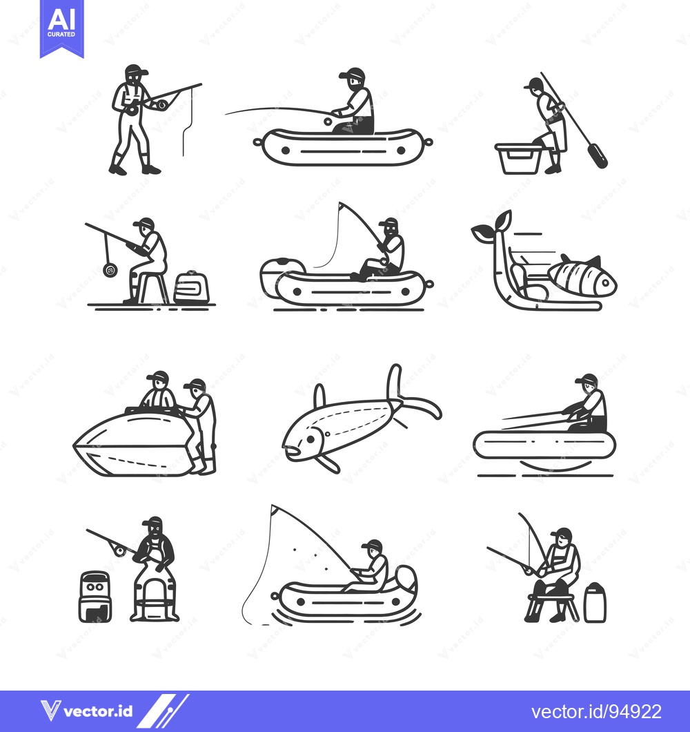 Premium Vector dari Set of black and white line art illustrations of people fishing