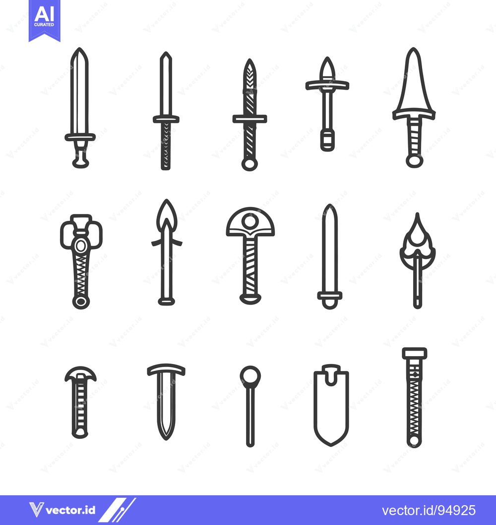 Premium Vector dari Set of Black and White Line Icons Depicting Various Weaponry and Tools