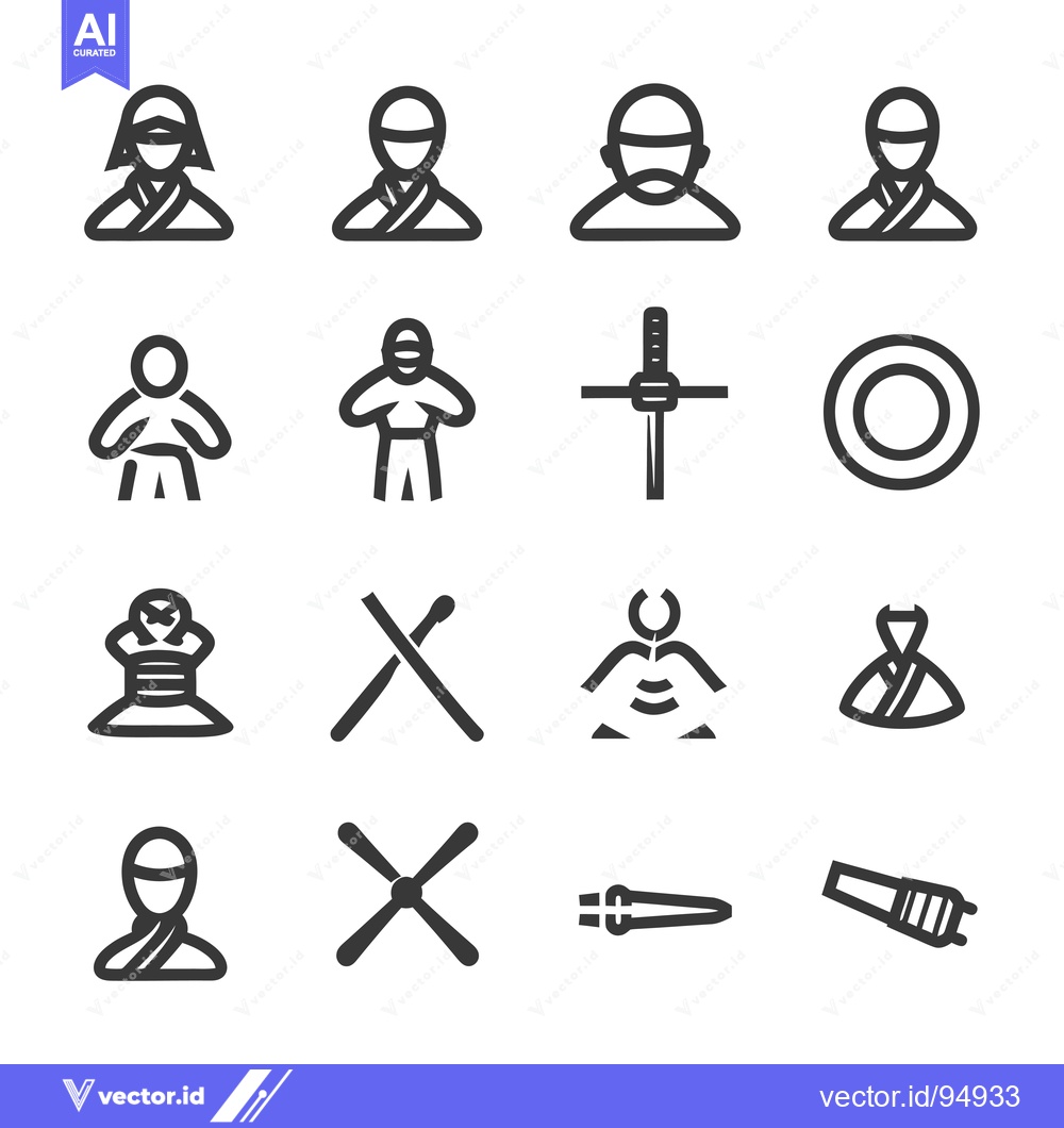 Premium Vector of Set of Black and White Line Icons Representing Ninjas, Swords, and Oth