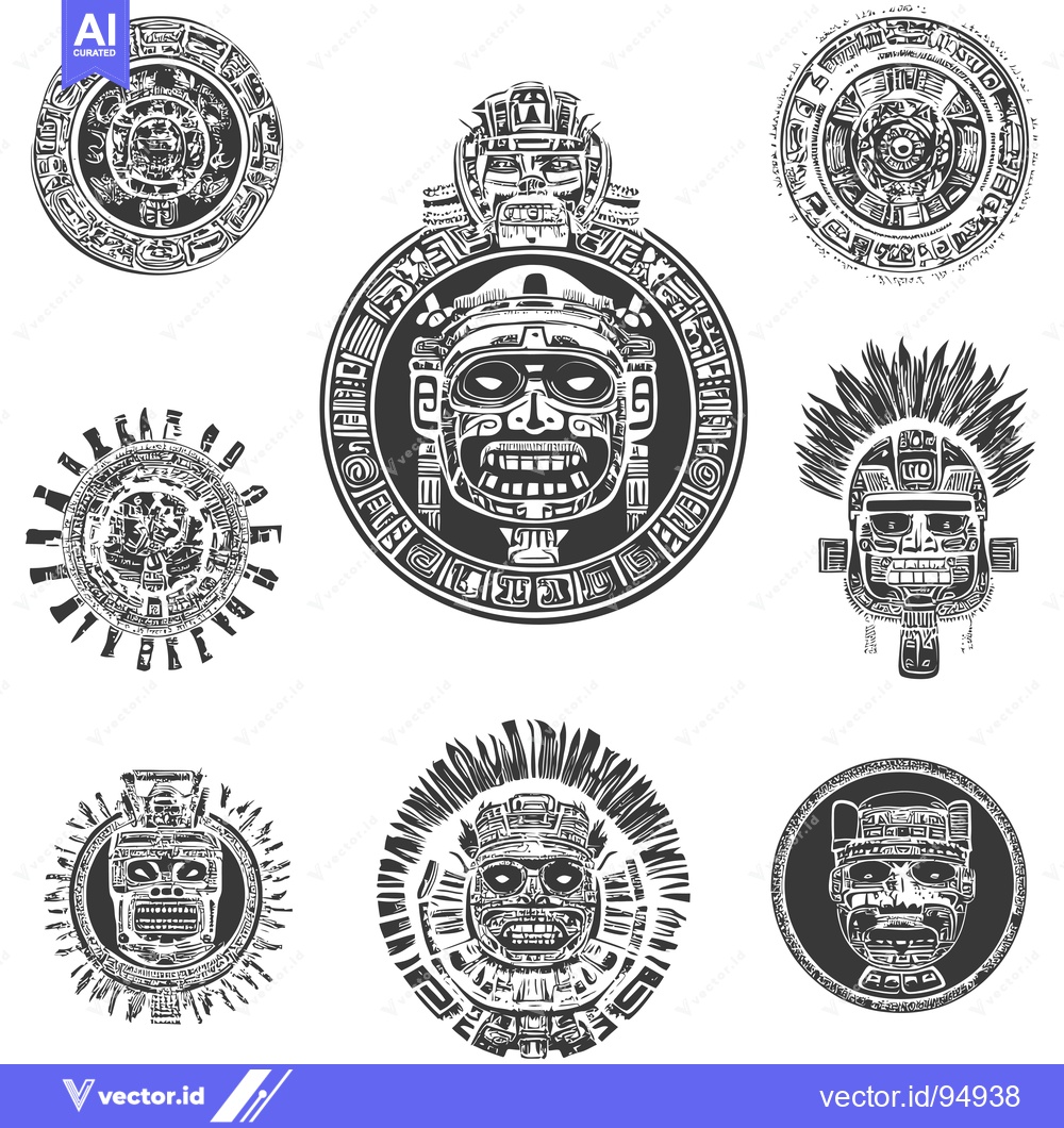 Premium Vector dari Set of Black and White Mayan-Inspired Masks with Intricate Designs