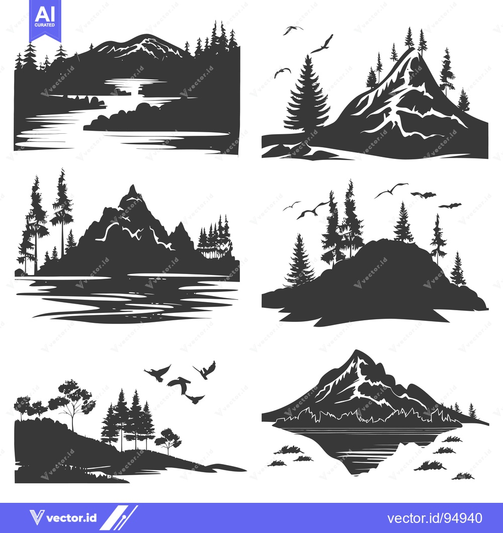 Premium Vector of Set of Black and White Mountain Landscape Silhouettes