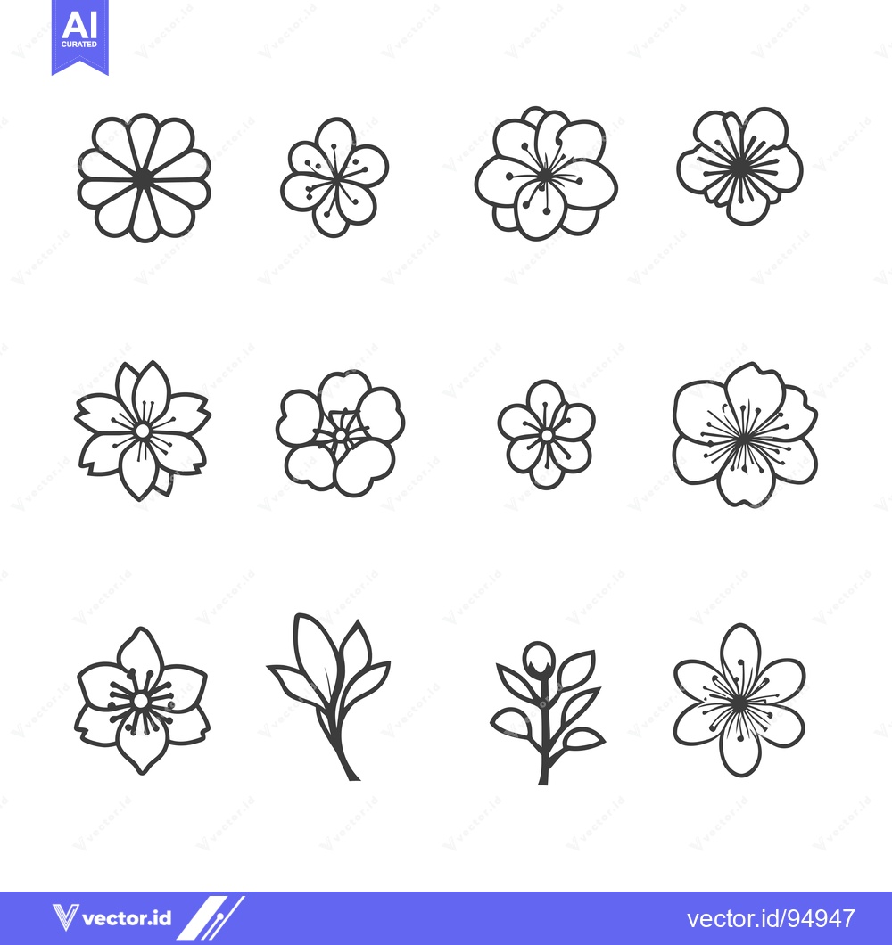 Premium Vector of Set of Black and White Outline Drawings of Flowers and Branches