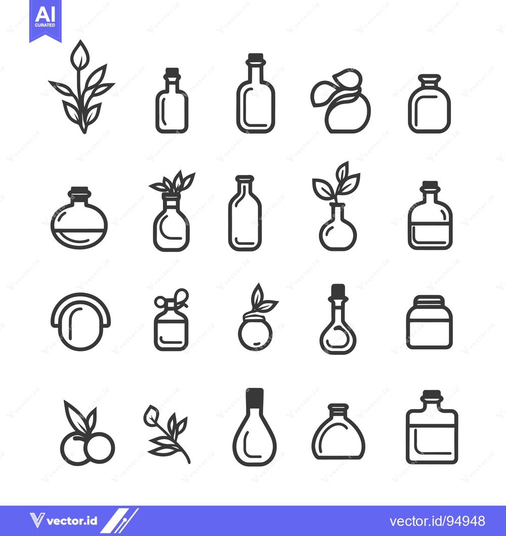 Premium Vector dari Set of Black and White Outline Icons of Bottles and Plants