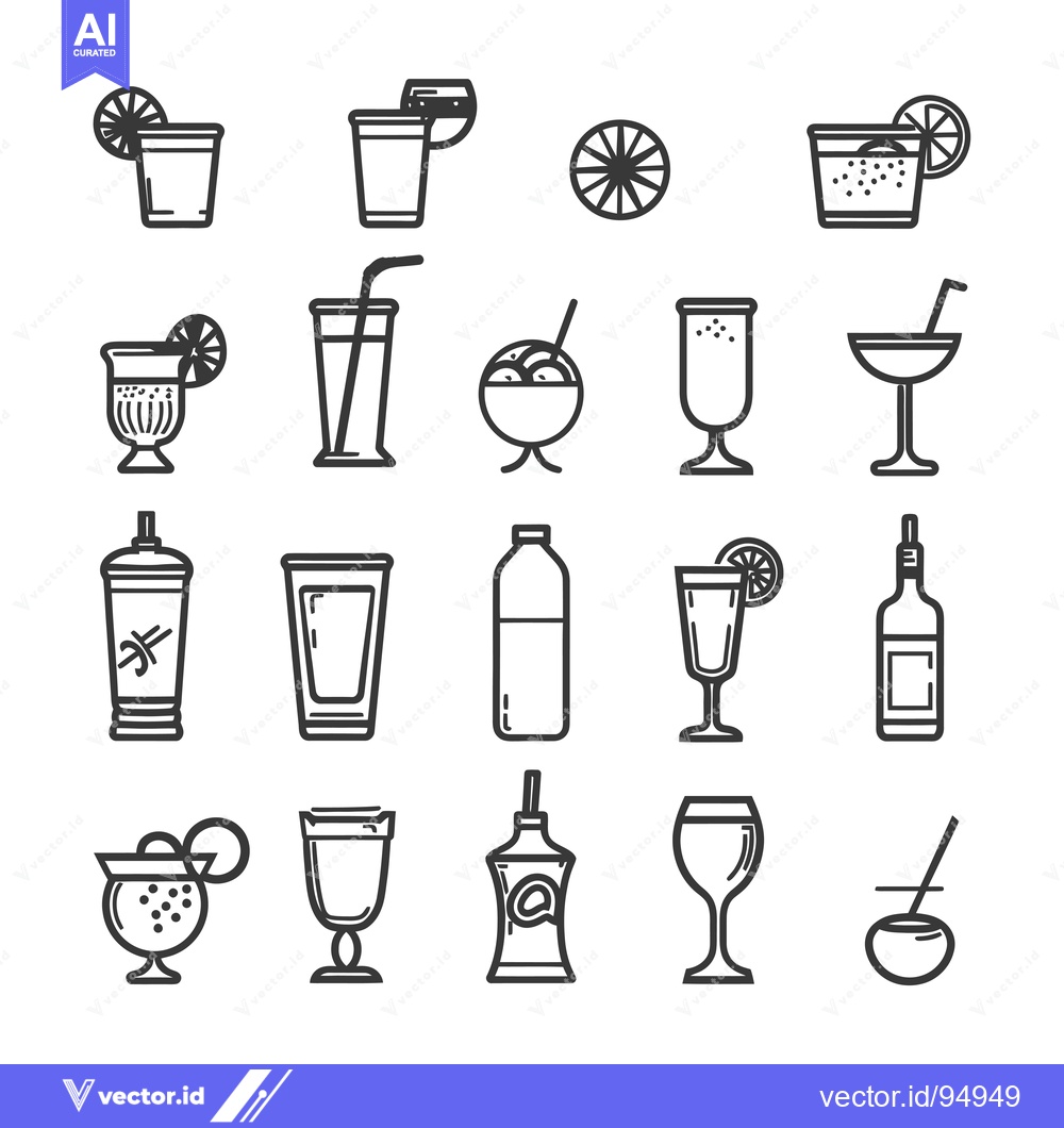 Premium Vector dari Set of Black and White Outline Icons of Different Drinks