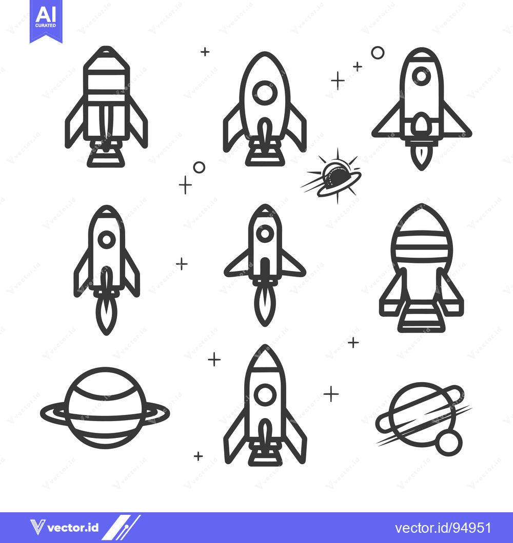 Premium Vector dari Set of Black and White Outline Rocket and Planet Icons