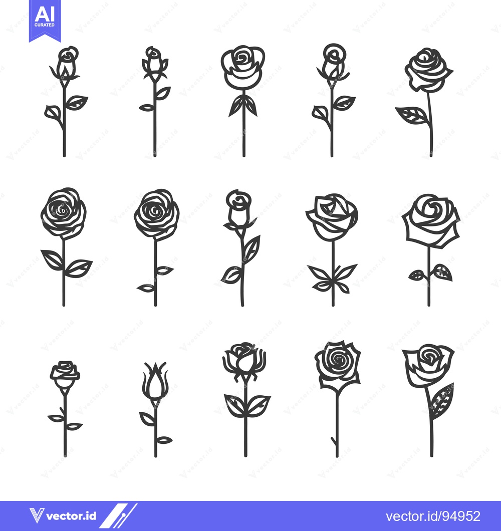 Premium Vector dari Set of Black and White Outline Rose Illustrations