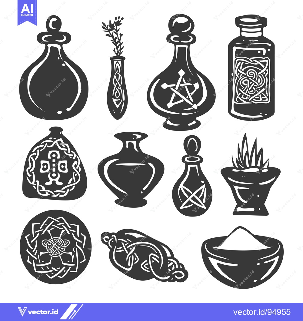 Premium Vector dari Set of Black and White Potion Bottles, Vases, and Bowls