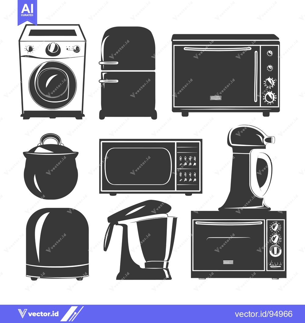 Premium Vector dari Set of Black and White Silhouette Kitchen Appliances