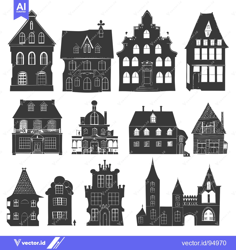 Premium Vector of Set of Black and White Silhouettes of Different Houses
