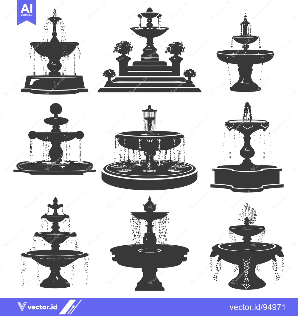 Premium Vector of Set of Black and White Silhouettes of Different Water Fountains