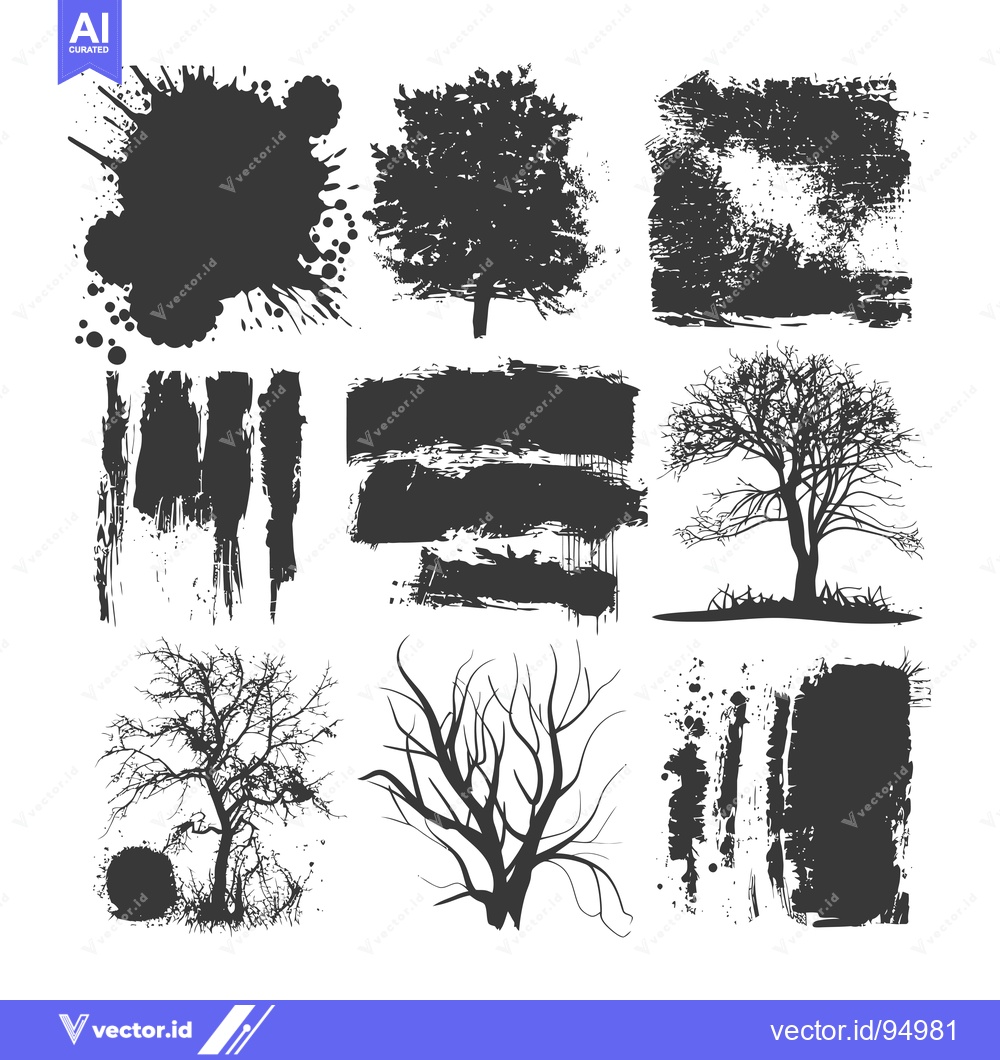 Premium Vector dari Set of Black and White Tree Silhouettes and Abstract Ink Splatters