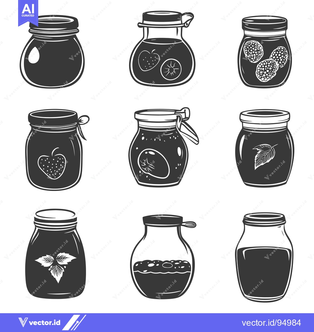 Premium Vector dari Set of Black and White Vintage Glass Jars with Jam and Fruits