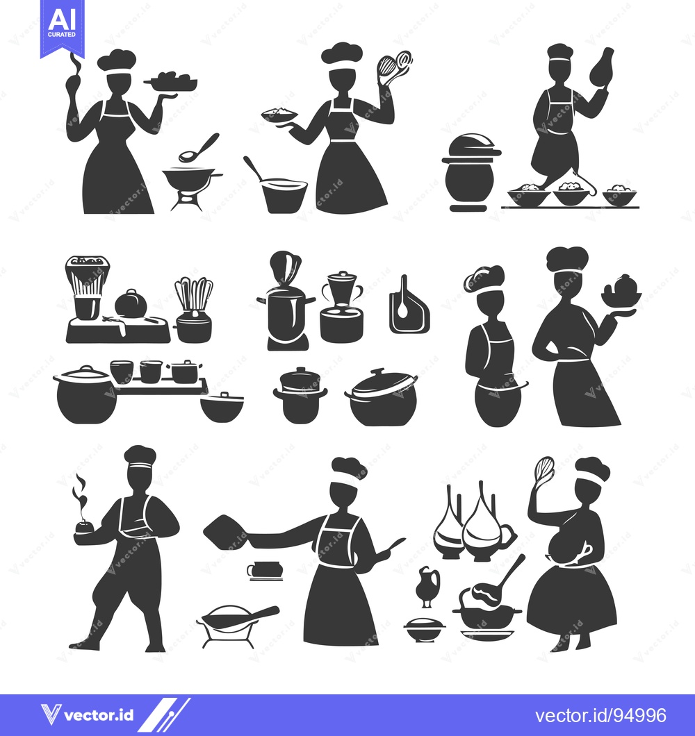 Premium Vector dari Set of Black Silhouette Icons with Chefs and Cooking Utensils