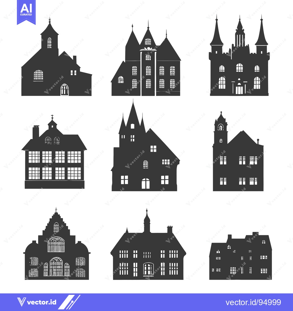 Premium Vector dari Set of Black Silhouettes of Different Houses with Windows and Doors