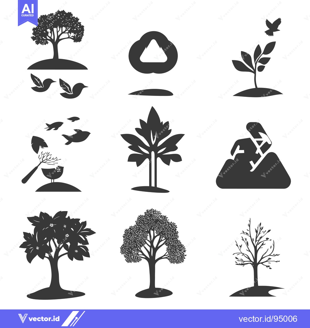 Premium Vector dari Set of Black Silhouettes of Trees and Birds