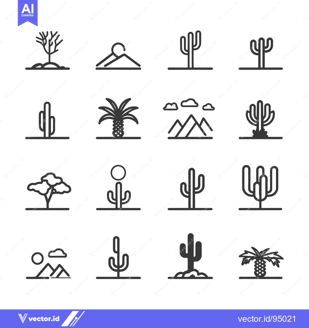 Premium Vector dari Set of Cactus and Desert Icons in Line Style